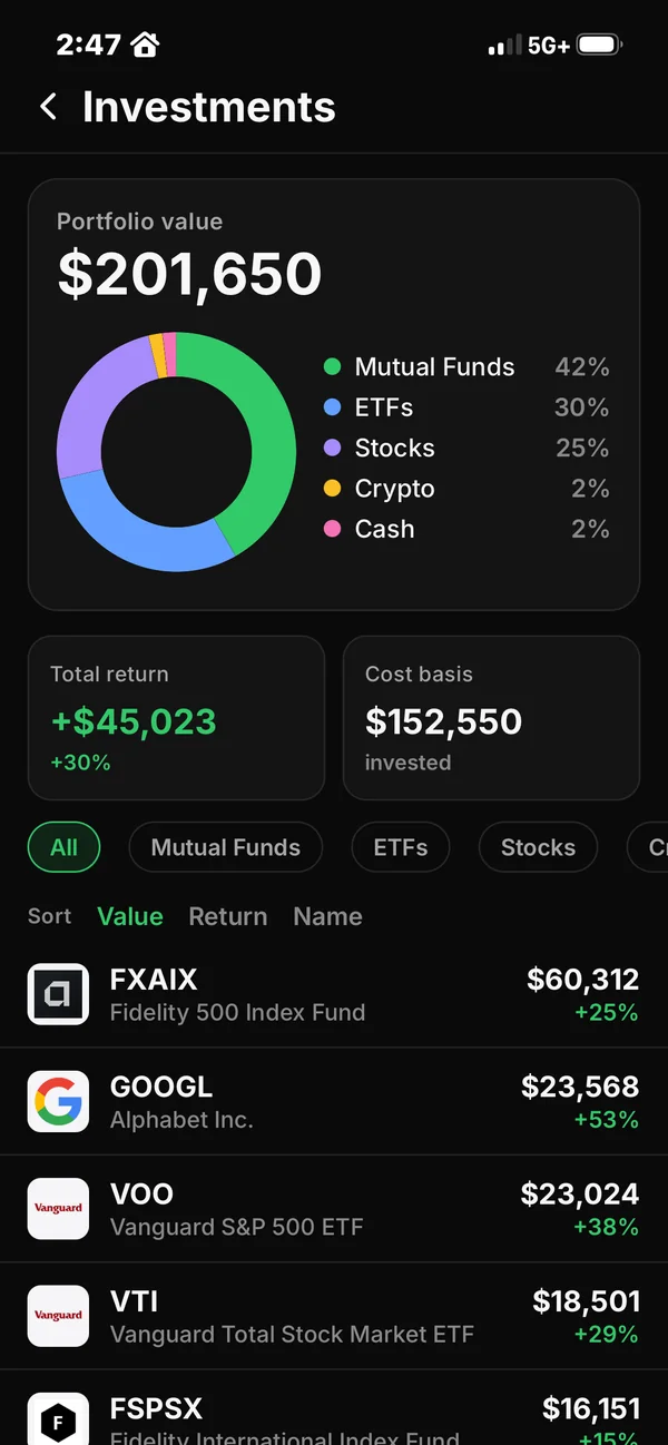 Investments on iPhone: portfolio value, allocation and holdings