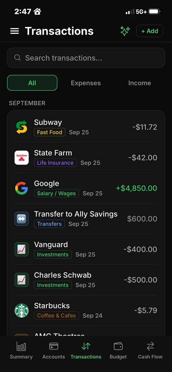 Transactions on iPhone with merchant logos and categories